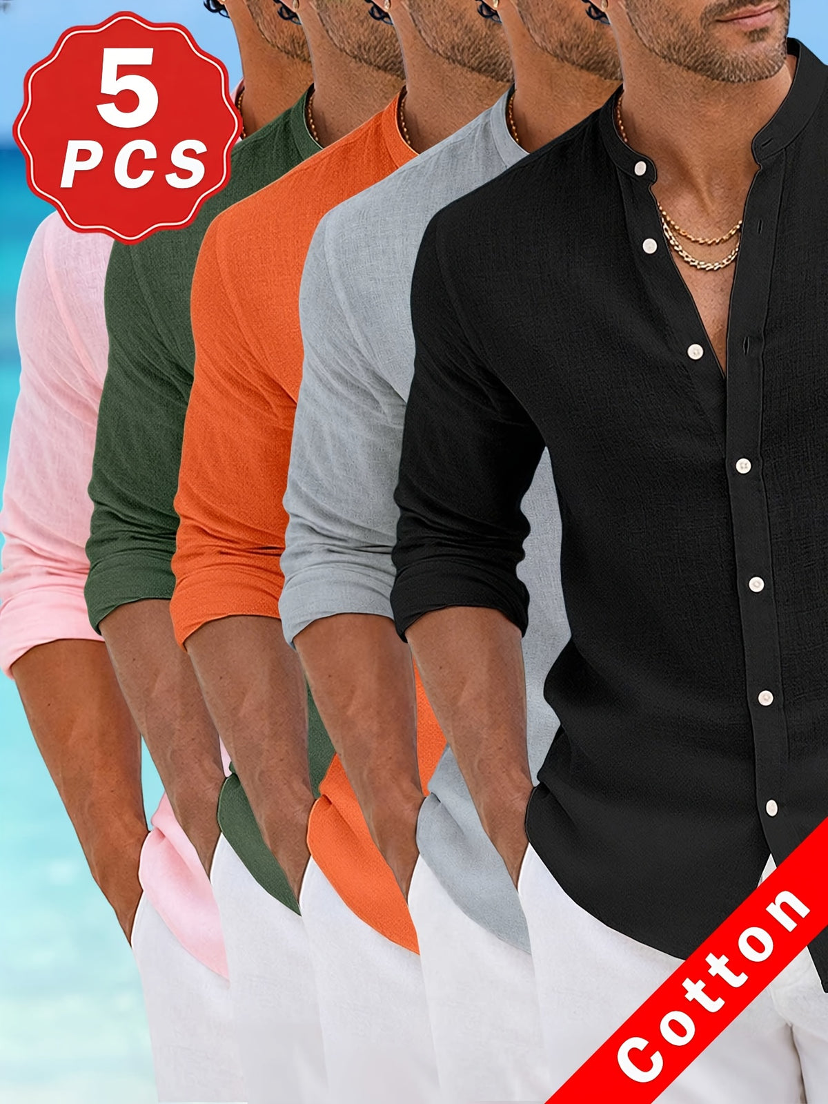 Men's 100% Pure Cotton Casual Stand Collar Long Sleeve Shirt, 5pcs. Breathable Long-sleeve Shirts for Men, a Great Choice for Daily Commutes, Outings, and Seaside Vacations. A Wonderful Gift for a Boyfriend or Husband. - Black + Gray + Orange Red + Green + Pink