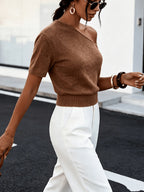 Women'S New Spring Summer Off-Shoulder Short Sleeve Basic Solid Color Casual Elegant Women'S Top - Dark Brown
