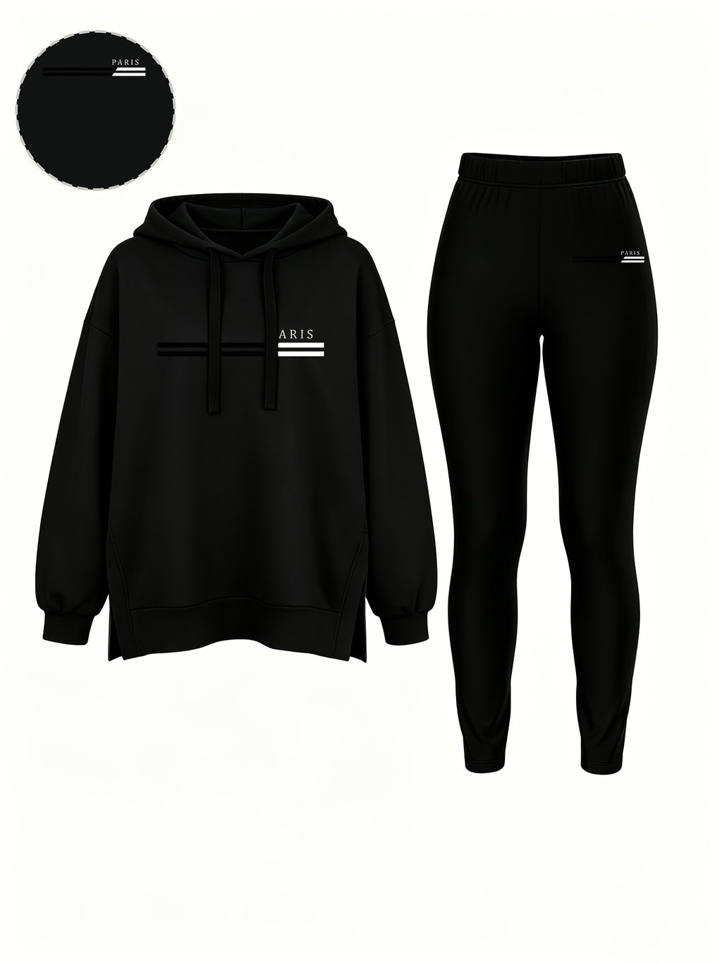 Autumn/Winter Set: Hooded Sweatshirt And Fitted Long Pants (Pattern Print Design) - Black With Black