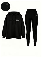 Autumn/Winter Set: Hooded Sweatshirt And Fitted Long Pants (Pattern Print Design) - Black With Black