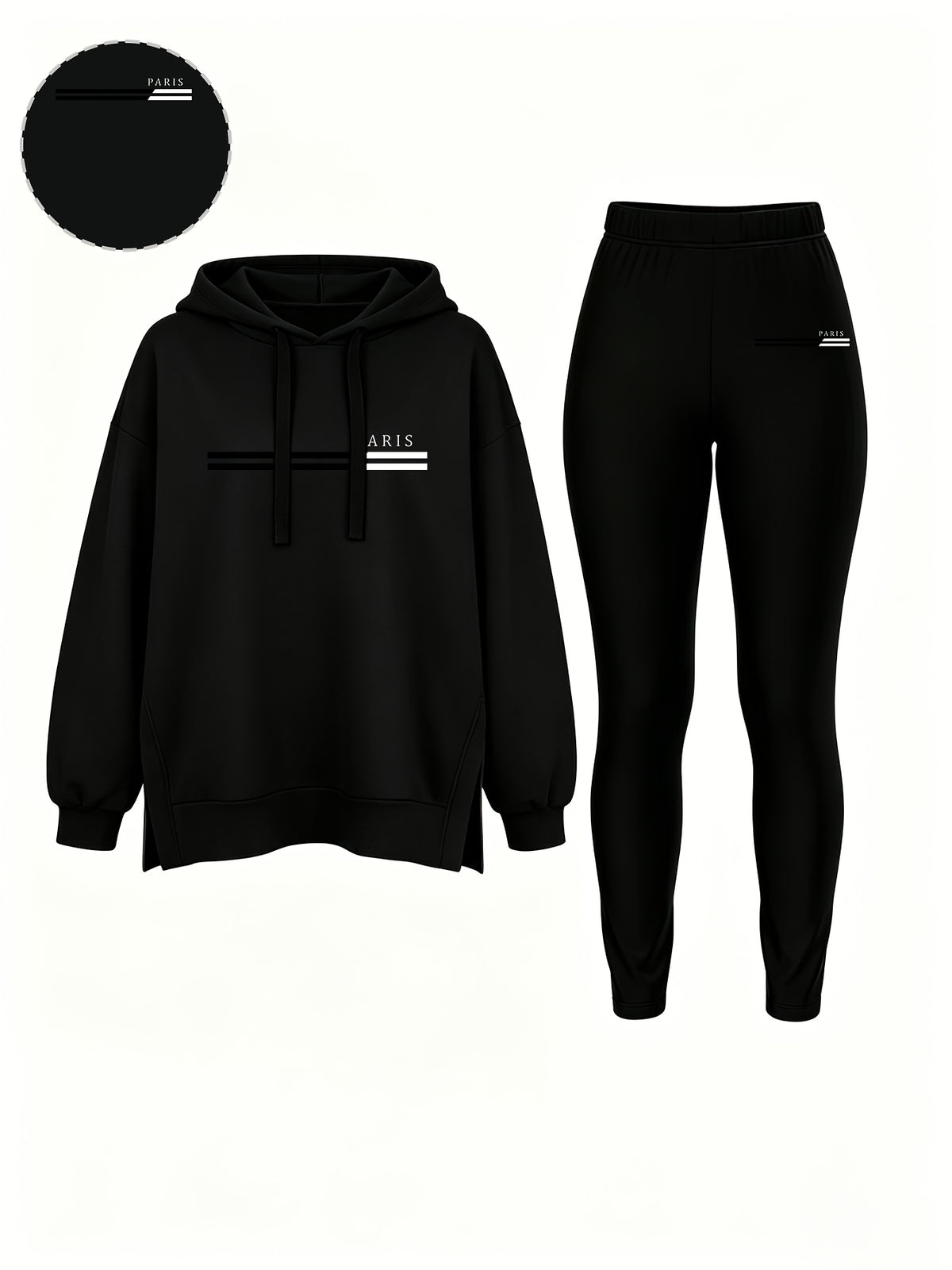 Autumn/Winter Set: Hooded Sweatshirt And Fitted Long Pants (Pattern Print Design) - Black With Black