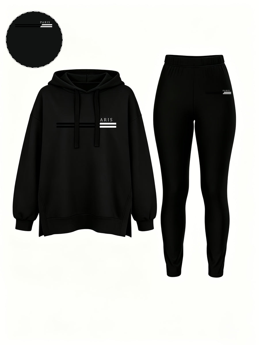Autumn/Winter Set: Hooded Sweatshirt And Fitted Long Pants (Pattern Print Design) - Black With Black