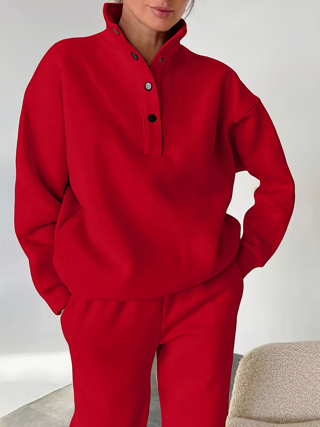 European and American Women's fashion ladies' body builders casual red suit s casual pure color loose waist, a versatile loose suit 2025 - Red