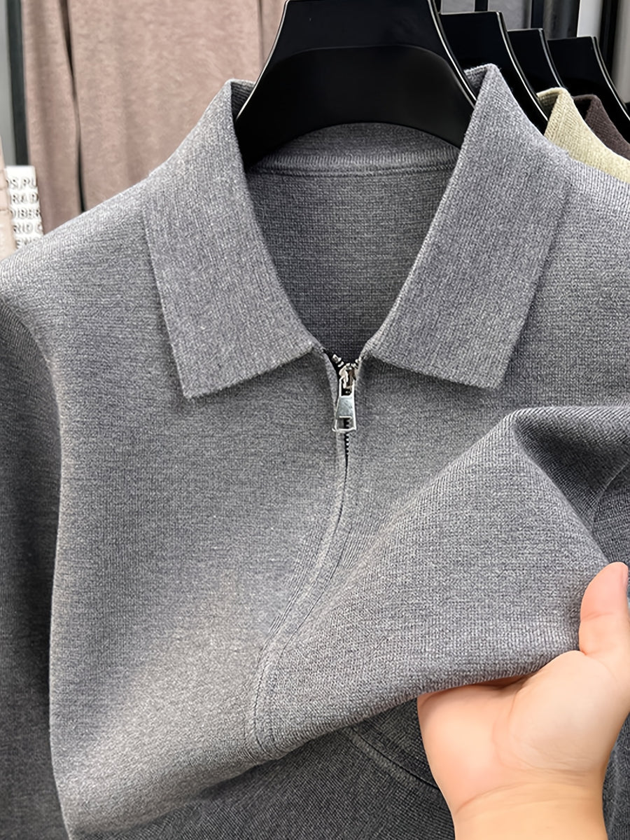 Men'S Lapel Full-Zip Long Sleeve Knit Jacket, Ribbed Cuffs And Hem, Autumn/Winter Style, Casual Commute Wear, Business Casual Style. - SINBOS - Grey
