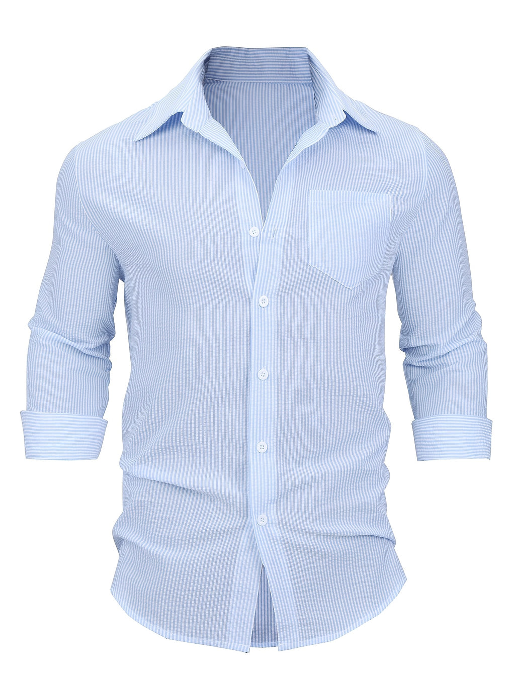 Men's Seersucker Striped Casual Shirt, Spring/Autumn Long Sleeve Notched Lapel Button- Shirt, Men's Fashion Apparel Top, Suitable for Outdoor Vacation Men's Wear - Blue