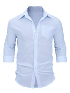 Men's Seersucker Striped Casual Shirt, Spring/Autumn Long Sleeve Notched Lapel Button- Shirt, Men's Fashion Apparel Top, Suitable for Outdoor Vacation Men's Wear - Blue