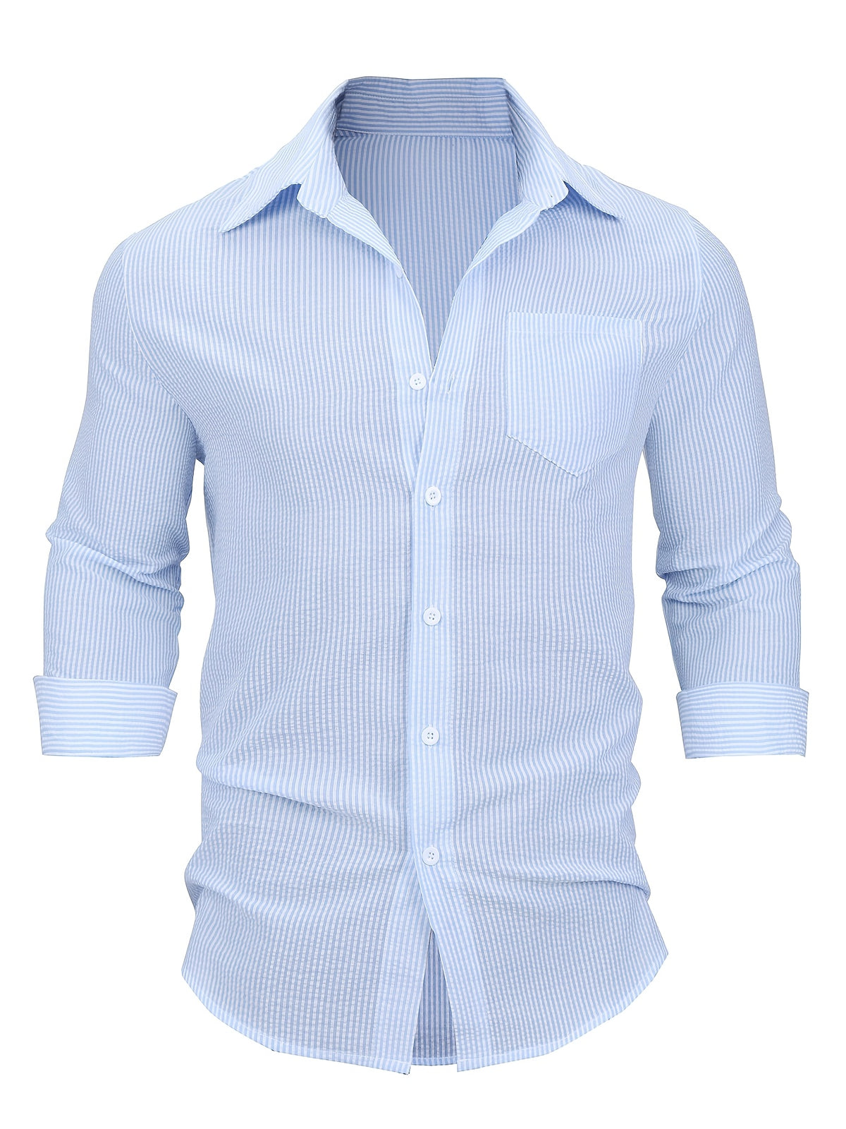 Men's Seersucker Striped Casual Shirt, Spring/Autumn Long Sleeve Notched Lapel Button- Shirt, Men's Fashion Apparel Top, Suitable for Outdoor Vacation Men's Wear - Blue