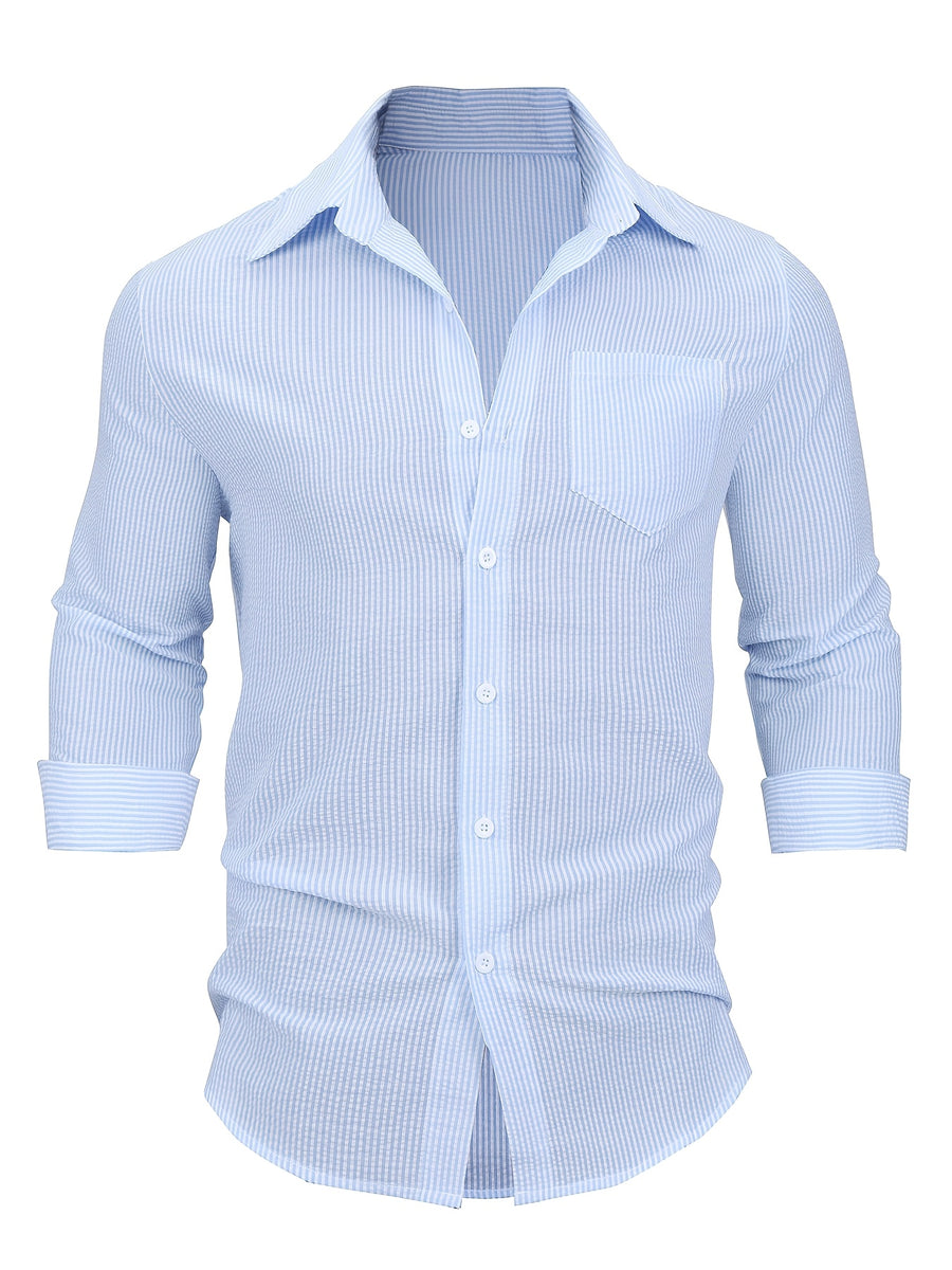 Men's Seersucker Striped Casual Shirt, Spring/Autumn Long Sleeve Notched Lapel Button- Shirt, Men's Fashion Apparel Top, Suitable for Outdoor Vacation Men's Wear - Blue