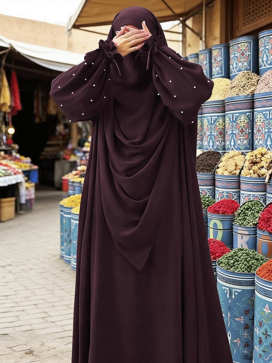 Middle Eastern Solid Color Women'S Robe with Pearl Sleeves Dress And Long Scarf 2pcs Set, Ideal for Women'S Daily Wear, Travel, And Ramadan - Burgundy