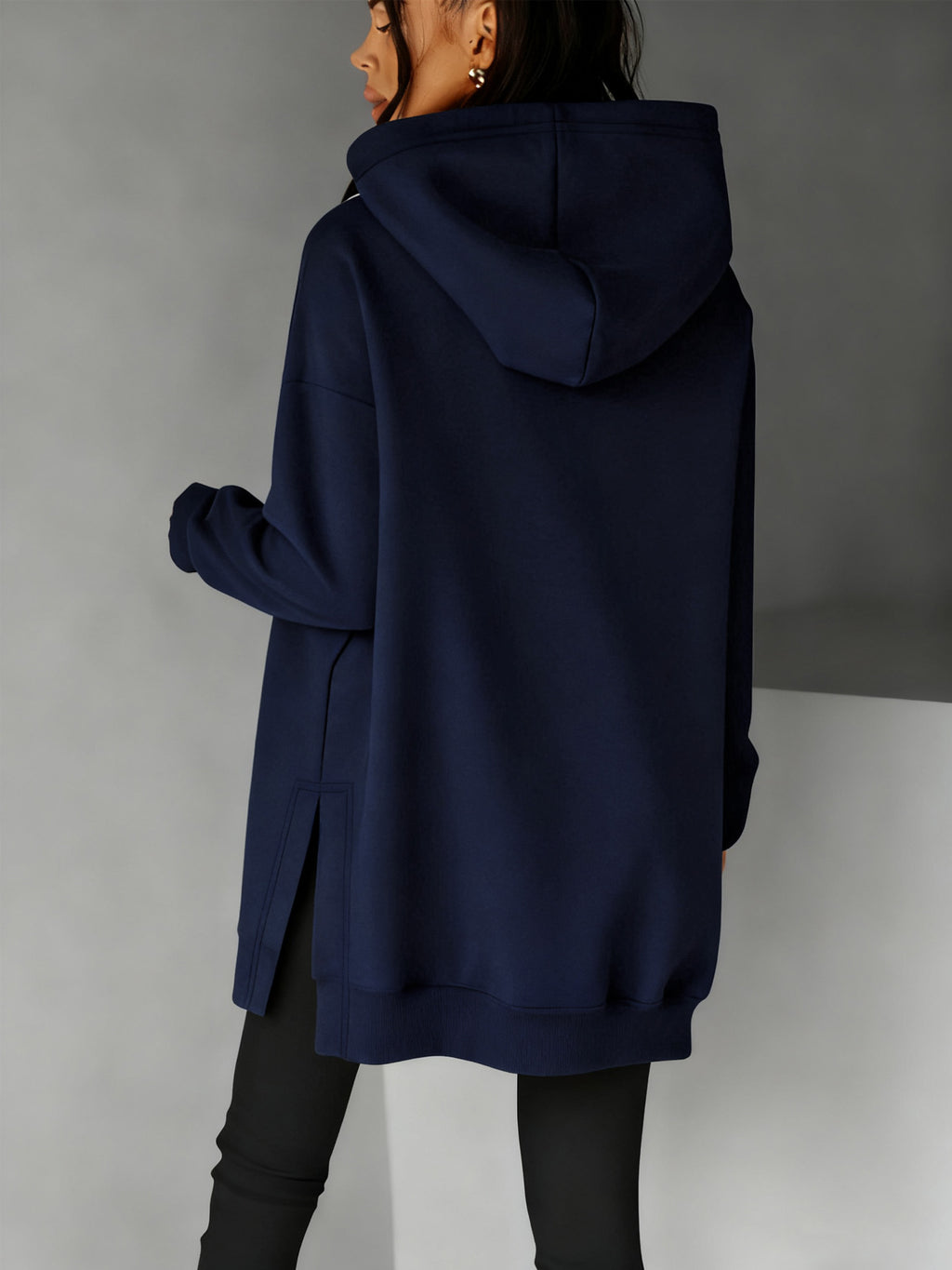Women'S Stylish Hoodie with Side Slits And Drawstring for Autumn And Winter, Perfect for And Casual Wear, Featuring Cute Prints And a Comfortable Fit, Available in Multiple Colors - Navy Color