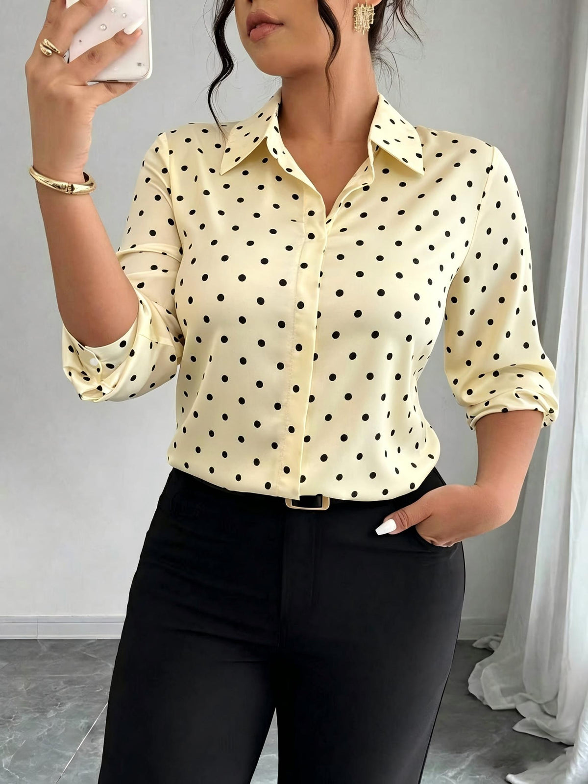 Women'S Polka Dot Long Sleeve Button-Up Shirt, Collar Style, Regular Fit, Non-Stretch Fabric, Suitable for Work And Casual Wear - 【Light Yellow】