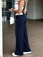 HMY Loose And Wide-Leg Pants for Women, Contrasting Color Waistband Drawstring Design, Side White Stripe Straight Casual Pants + [Ta Lan] - Navy Color
