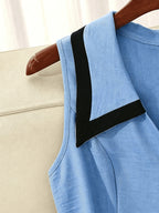 French Elegant Exquisite Light Blue Contrast Lapel Sleeveless Tank Dress, Front Button Placket with Black Belt Waist Cinch & Pleated Flared Midi Skirt, Fashion Slim-fit Luxury Temperament Women Outfit for Workplace Commute Dating Party - Sky Blue