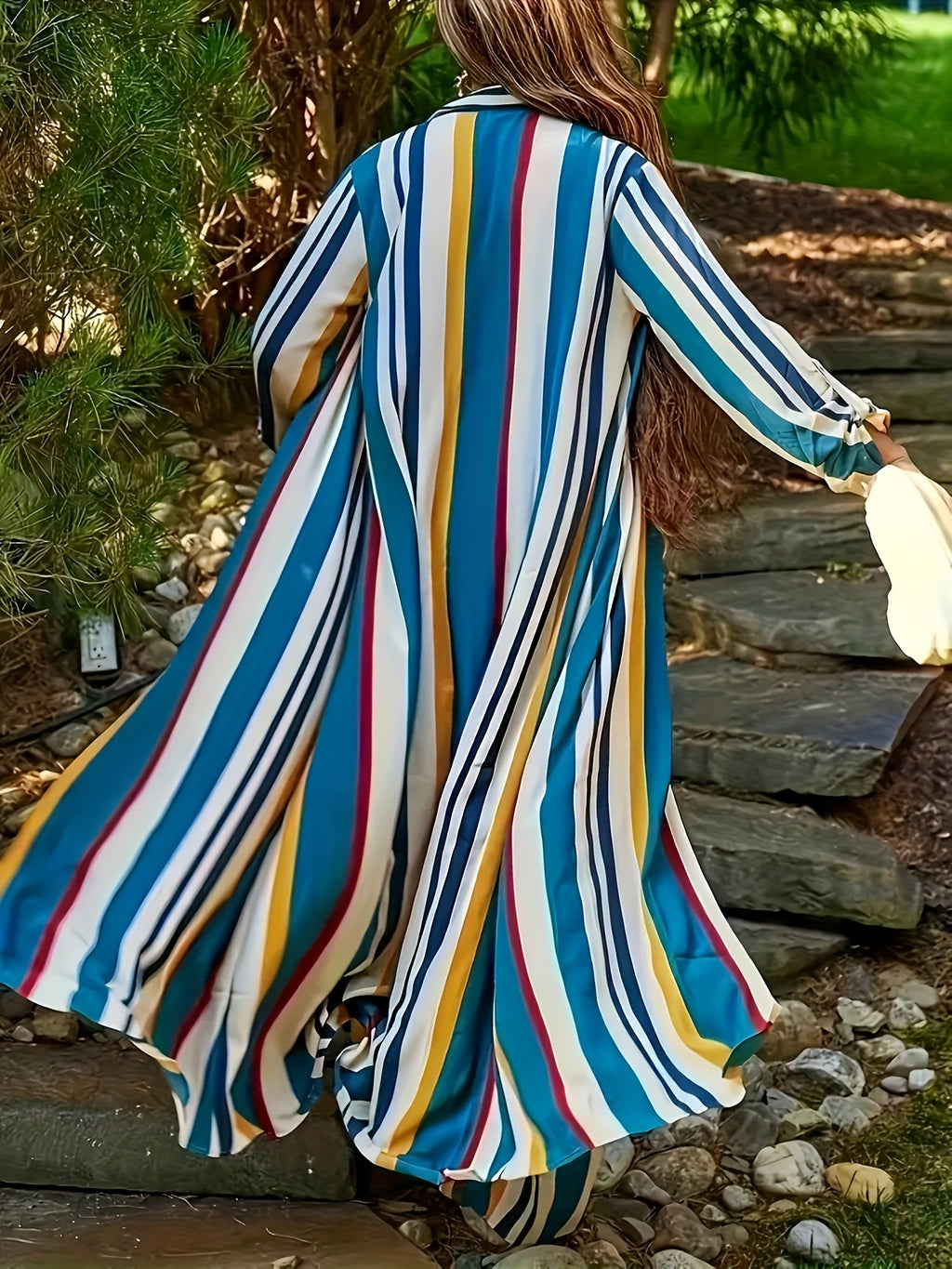 Plus Size Stripe Print Two-piece Set, Collared Button Front Long Sleeve Shirt & Wide Leg Pants Outfits, Women's Plus Size Clothing - Blue