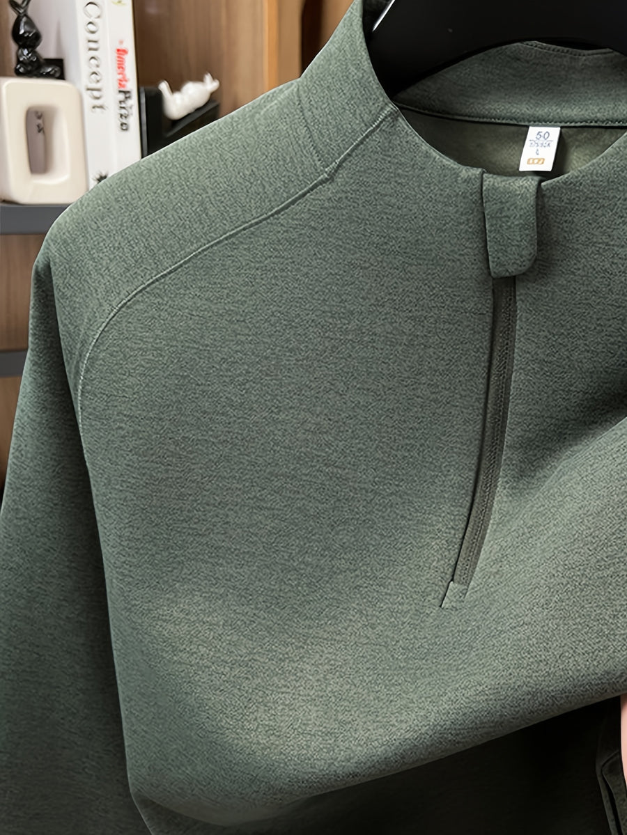 Men's Stand Collar Half-Zip Long Sleeve Base Layer, Raglan Sleeve Cut, Minimalist Business Casual Functional Style Warm Top - SINBOS - fern green