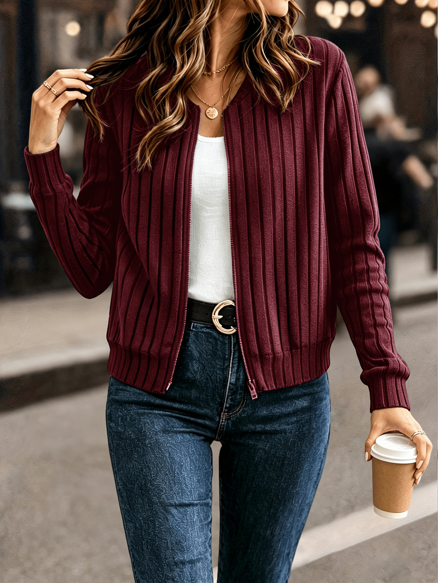 Elegant Directional, Elegant Solid Color Ribbed Zipper Long-Sleeve Jacket Coat - Autumn/Winter Style, Suitable for Commuting, Elegant Casual Wear, Wear - Red