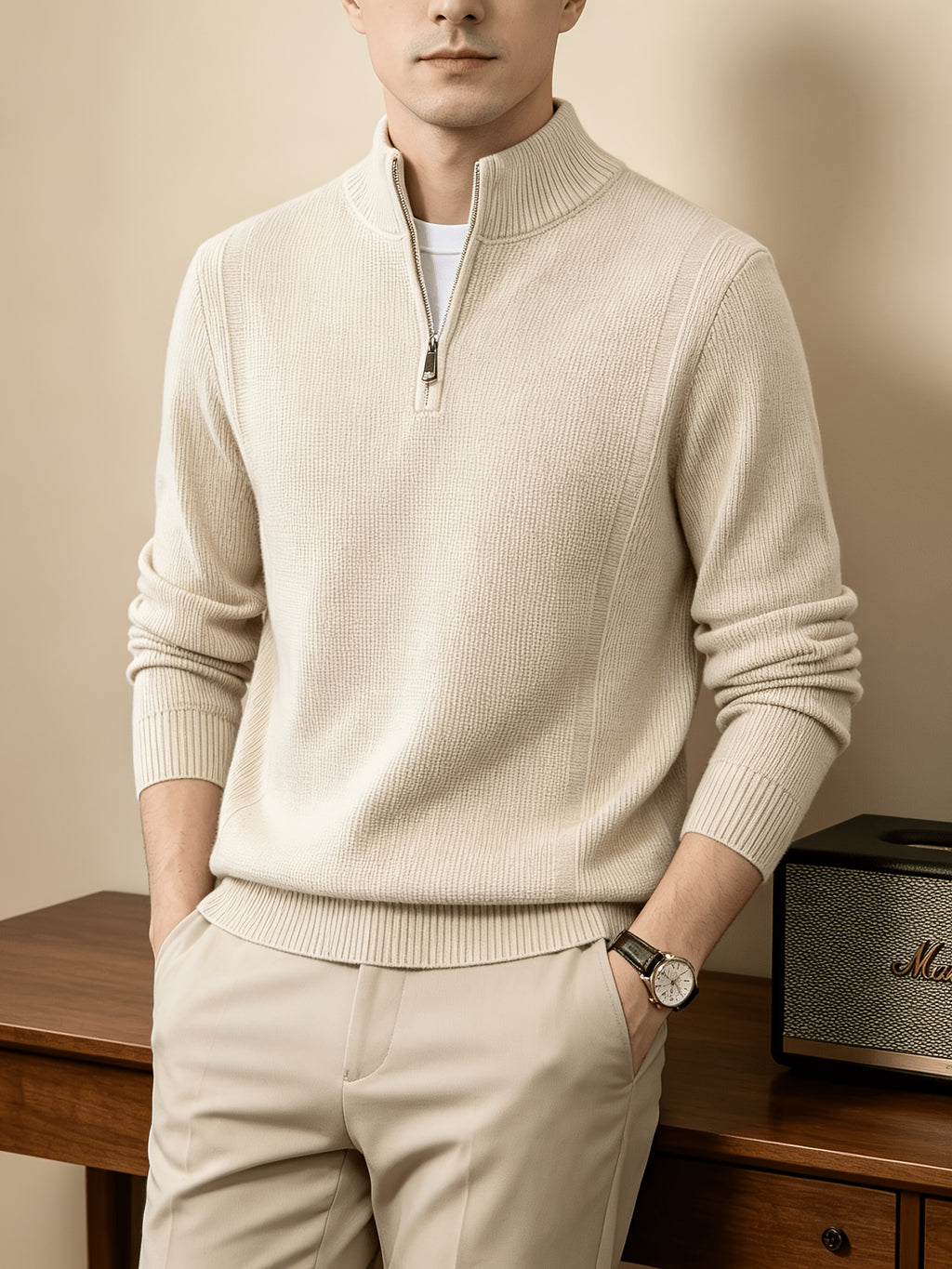 Du Jing Lan OBM Spring/Autumn New Arrival Men's Knitted Pullover, Old Money Style Solid Color Half-Open Placket Stand Collar Long Sleeve Knitted Pullover, Men's Business Casual Fashion Ribbed Sweater, Suitable for Layering or Wearing as an Inner - Beige Color