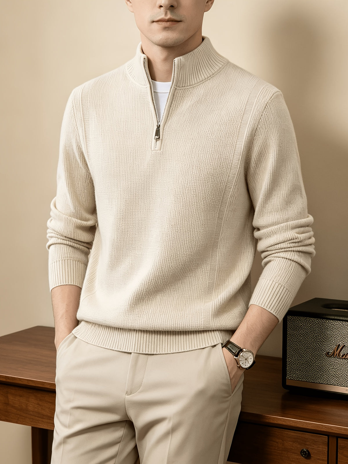 Du Jing Lan OBM Spring/Autumn New Arrival Men's Knitted Pullover, Old Money Style Solid Color Half-Open Placket Stand Collar Long Sleeve Knitted Pullover, Men's Business Casual Fashion Ribbed Sweater, Suitable for Layering or Wearing as an Inner - Beige Color