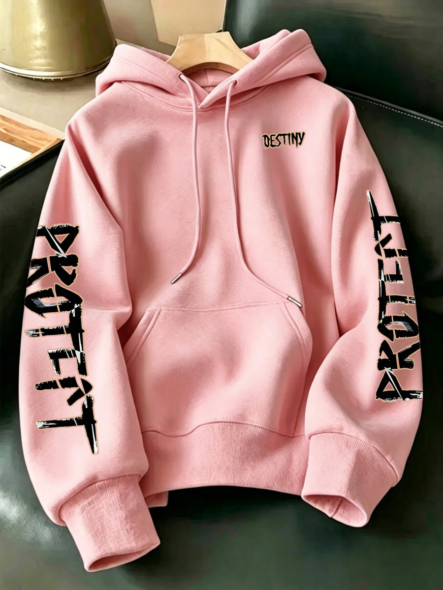 Limited-Time Special Offer: Single-pc Unisex Black Knitted Hooded Sweatshirt with Anime Boy Portrait Graffiti and English Print, Trendy Cool Anime-Style Loose Drop-Shoulder Hoodie for Spring/Autumn, Casual Wear for Outings and Gatherings - Pink Color