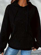 Solid Color Waffle Drawstring Hoodie, Casual Long Sleeve Kangaroo Pocket Sweatshirt For Fall & Winter, Women's Clothing - Black