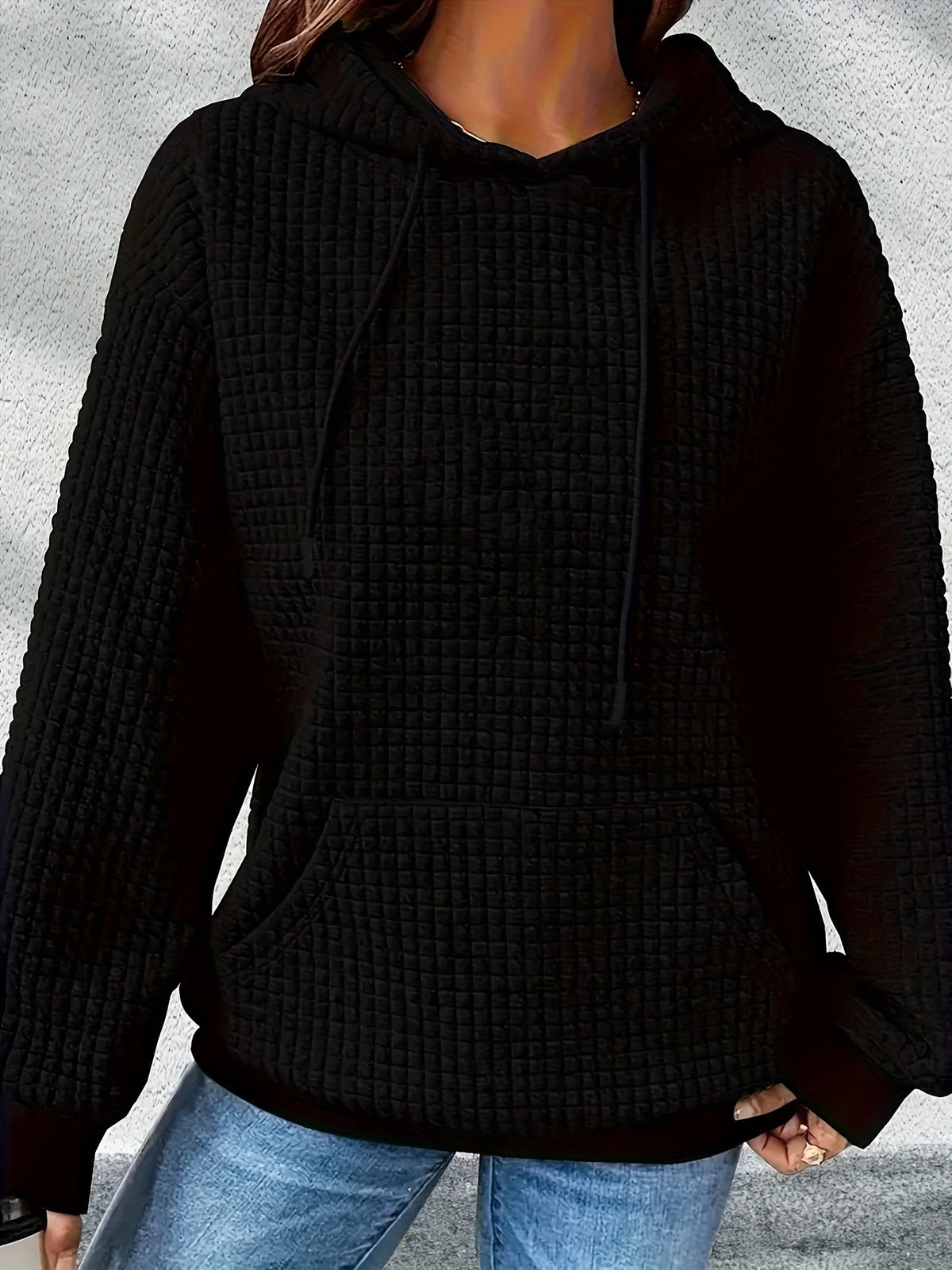 Solid Color Waffle Drawstring Hoodie, Casual Long Sleeve Kangaroo Pocket Sweatshirt For Fall & Winter, Women's Clothing - Black