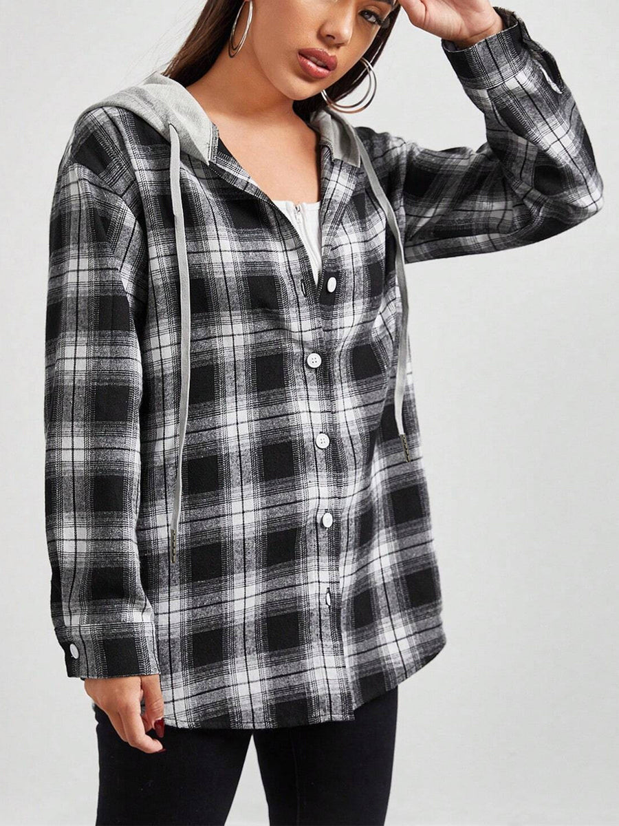 European And American Women'S Autumn And Winter Fashion Plaid Long Sleeve Hooded Shirt - Black
