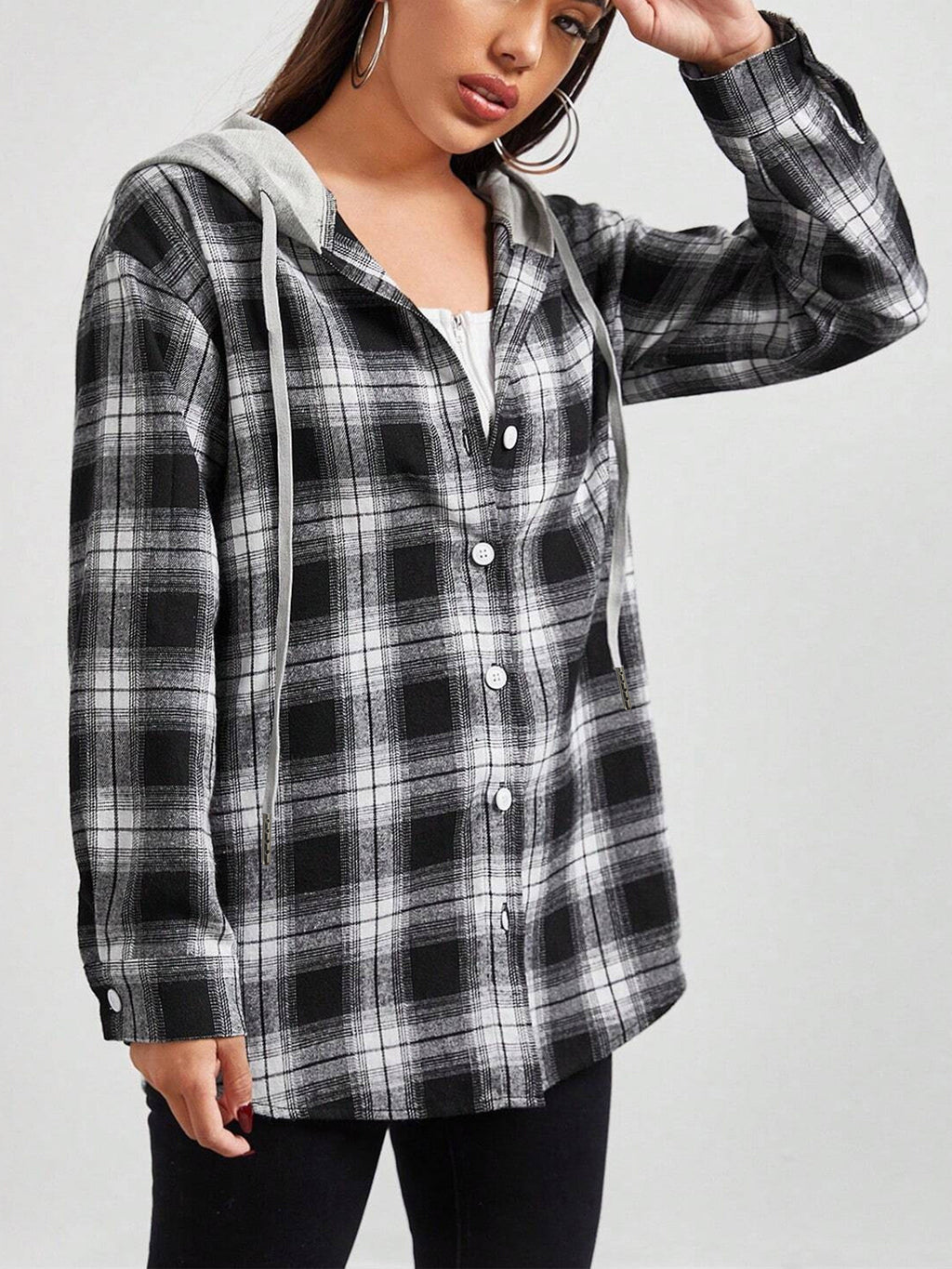 European And American Women'S Autumn And Winter Fashion Plaid Long Sleeve Hooded Shirt - Black