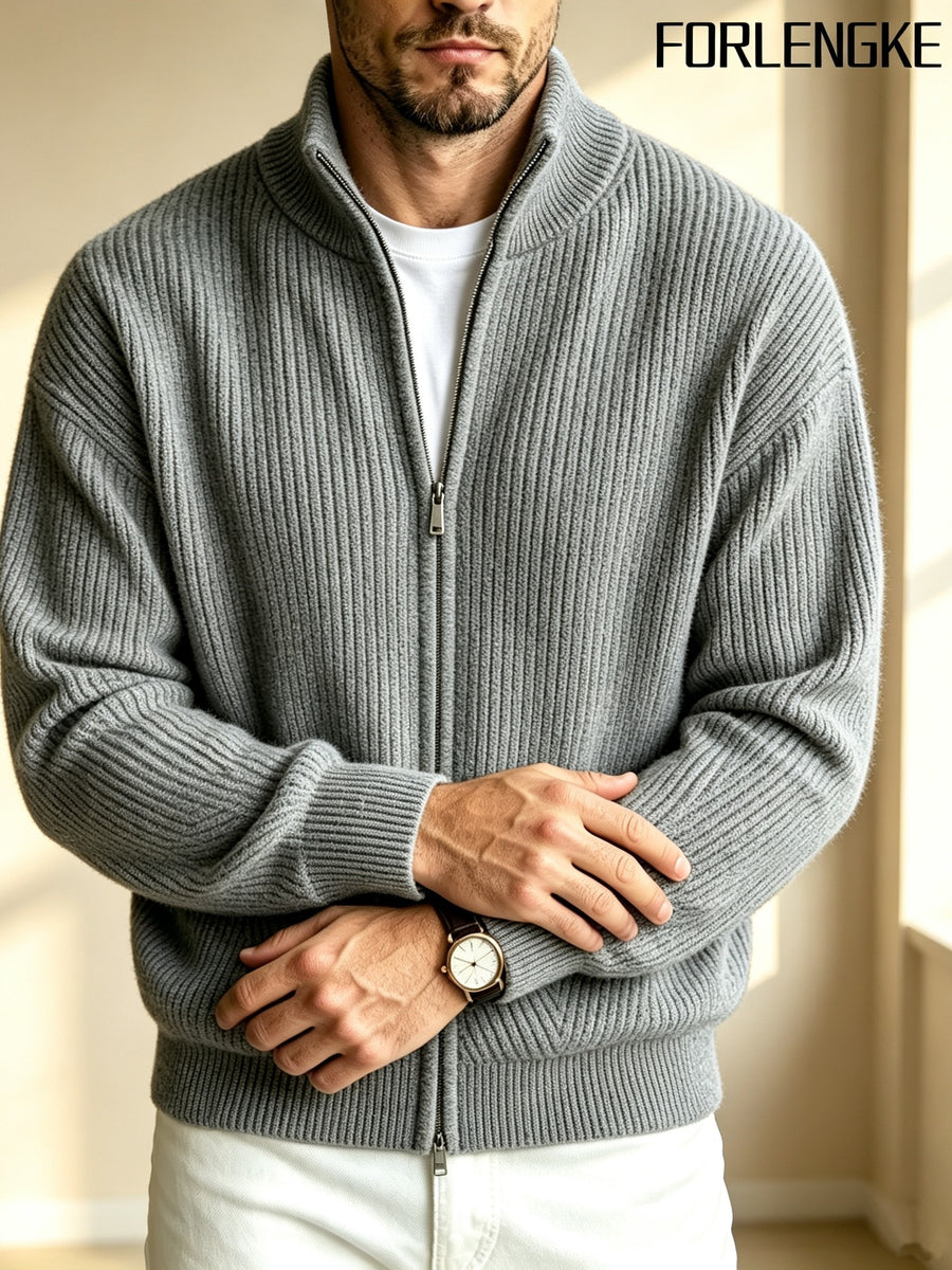 FORLENGKE Men Business Casual Stand Collar Full Zip Ribbed Knit Cardigan, Thick Warm Long Sleeve Sweater Jacket for Fall Winter Office Daily Wear - Grey