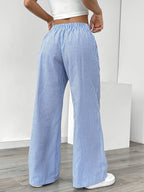 Women's French-Style Elegant Casual Commuter Striped Wide-Leg Pants, New Spring/Summer Loose Fashion Trousers with Pockets, Straight-Leg Versatile Style Zdz073103 - Sky Blue