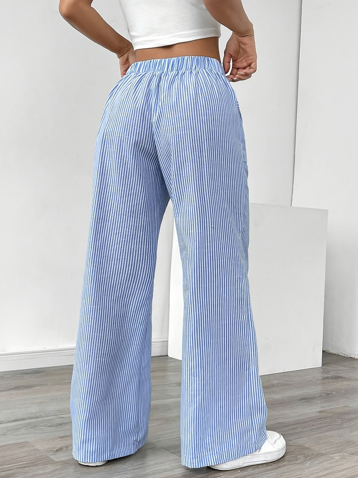 Women's French-Style Elegant Casual Commuter Striped Wide-Leg Pants, New Spring/Summer Loose Fashion Trousers with Pockets, Straight-Leg Versatile Style Zdz073103 - Sky Blue