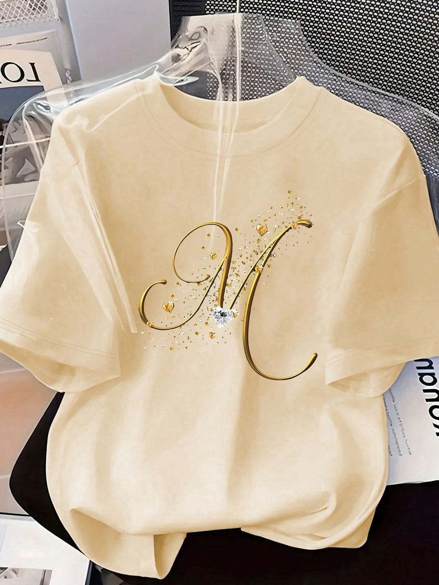 Women's Casual Short Sleeved T-shirt - M Letter Pattern Print, Regular Round Neck Top, Suitable for All Seasons, Women's Clothing - Apricot