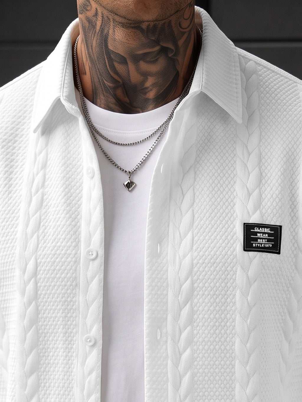 Men'S Long Sleeve Shirt Textured Jacquard Lettering Embellished Design Easy Casual Commuter Business Casual Men'S Clothing Casual Shirt - White