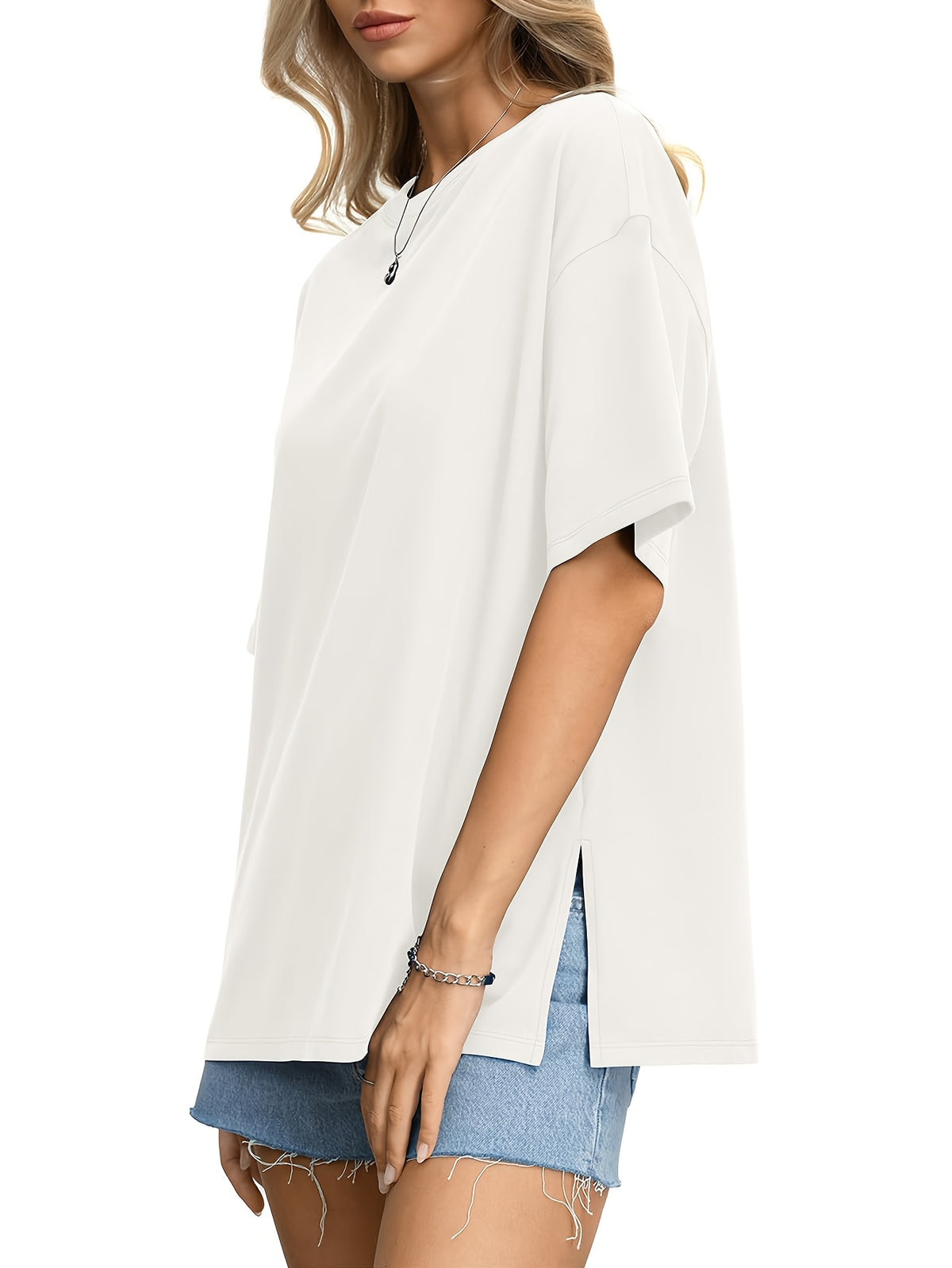 Oversized Women's Comfortable Basic Shirt with Round Neck, Casual Side Slit Top, Fashionable Loose Fit Short Sleeve T-Shirt - White