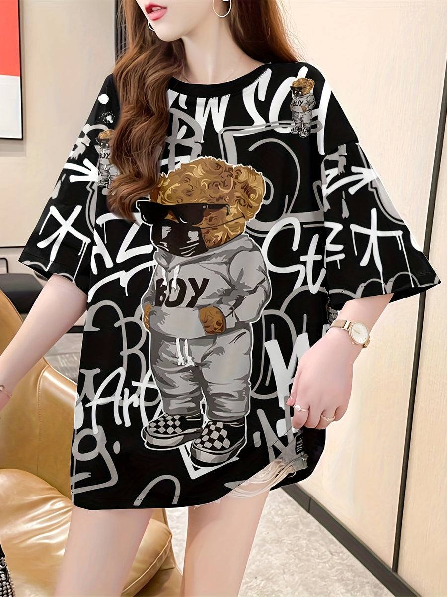 Summer New Large Size Loose Fashion Trend Slim Cartoon Round Neck Print Ladies Women'S Medium And Long Short-Sleeved T-Shirt Clothes - K140-B