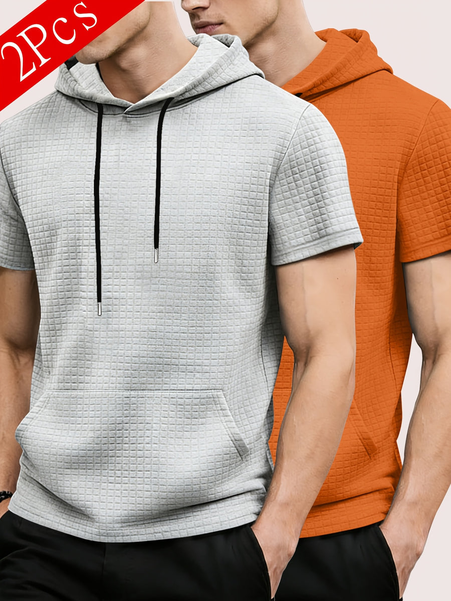 2pcs Men's Waffle Knit Short-Sleeve Hoodie with Kangaroo Pocket, Soft and Breathable Fabric, Multiple Color Options, Versatile, Simple, Stylish, and Casual for Daily Wear or Sports, a Great Choice for Holiday Gifts for Fathers, Partners, and Friends - Gray+orange