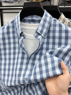 Men's Loose-Fit Thin Plaid Long-Sleeve Shirt for Spring, Summer, and Autumn, New Fashionable Casual Shirt for Young and Middle-Aged Men, Damai - Blue Grid