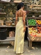 Women'S Light Yellow Jacquard Camisole And Skirt Set, Vacation Wear, Skirt with Lining - Yellow