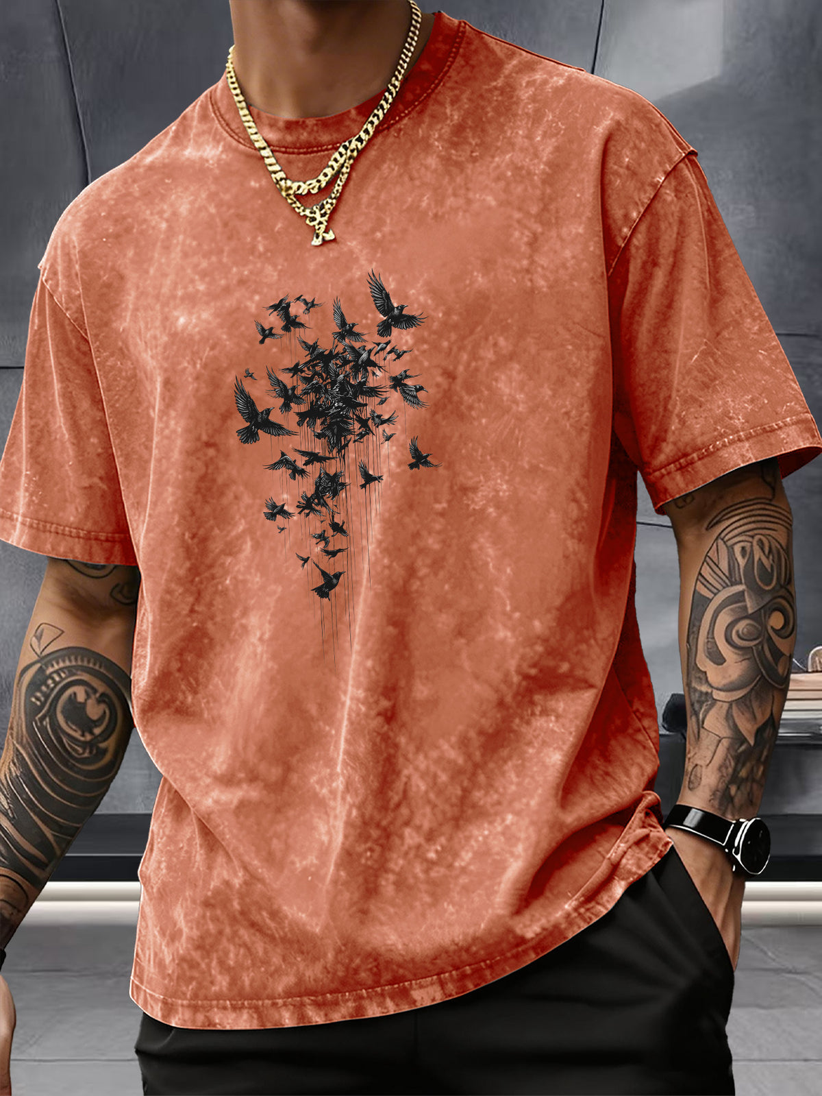 Short Sleeve Top, Pure Washed Distressed Loose Short Sleeve, Raven Flying Bird Front And Back Trendy Print Casual Match, American Street High Street Hip-Hop Couple Style, Daily Outing Commute Sports Fitness Street Style Y2K National Trend T-Shirt - Orange
