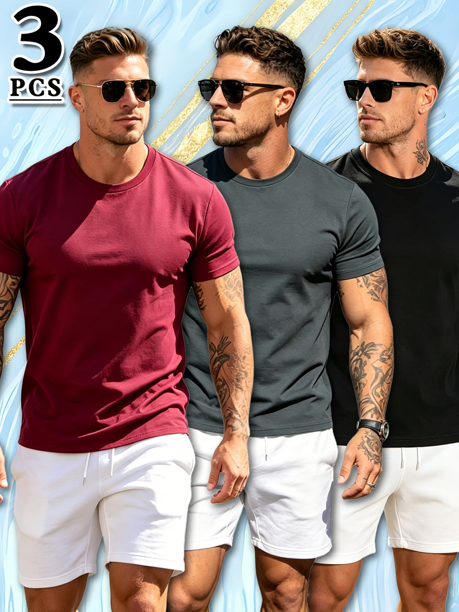 3pcs Set Spring Summer Fashion Athletic Short Sleeve Men'S Top Summer New Breathable Casual Comfortable Versatile Trendy Outerwear T-Shirt - Mix color 5