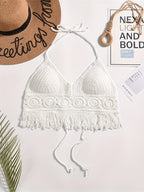 Women's Bohemian Fringe Backless Lapel Collar Outerwear, Embroidered Fringe Tassel Halter Neck Crop Vest, Suitable for Vacation, Beach, Dating, Romance, Valentine's Day, Concerts, Performances, Dates, Sexy, Elegant, Commuting, Back to - Pure White