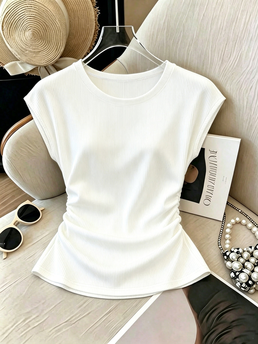 Neck Pleated Waist White Casual Ribbed Short Sleeve T-Shirt for Women - White