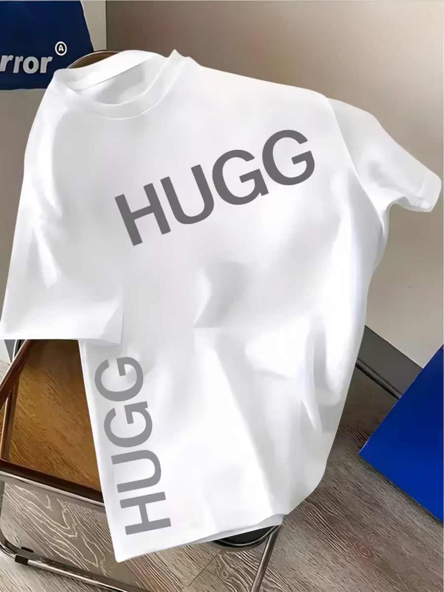 Fashionable Brand Men'S Summer Oversized Top with HUGG Letter Print, Short And Clear Style, Loose Cut, High Quality, Short Sleeve Shirt, Eye-Catching Men'S Summer Item, Suitable for Daily And Weekend Use, Fashionable Summer Outdoor Men'S Clothing - White