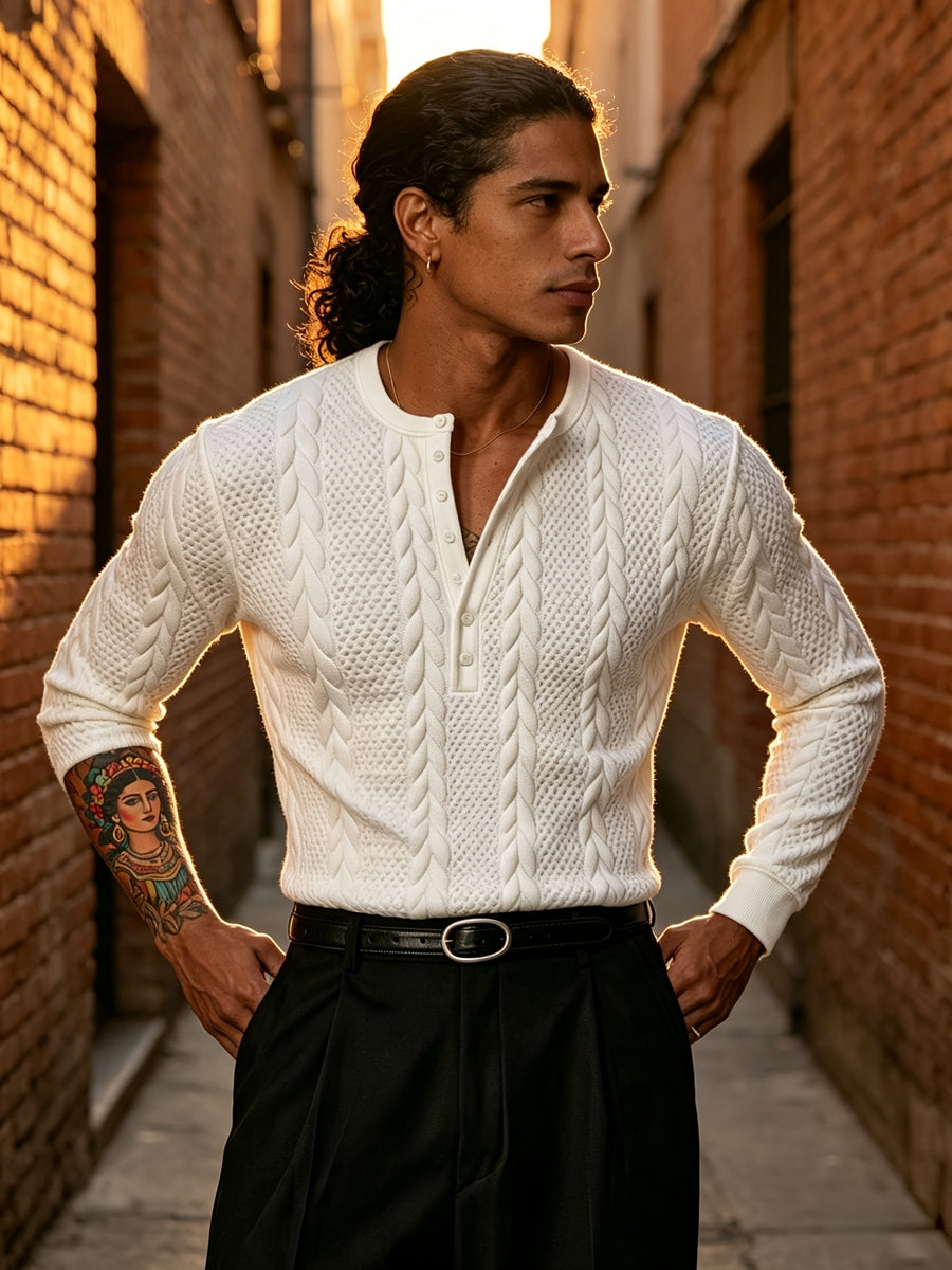 Back-To-School Season Men'S White Stretch Knit Long Sleeve Top, Henley Collar Pinstripe Textured Button-Up Shirt, Light Mature Korean Style Outfit, Early Autumn Fitted Style, Campus Outing And Weekend Shopping Knitwear - White