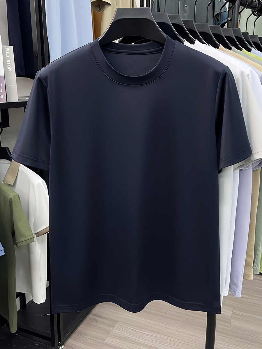 NERPOLO Men's Solid Color Short Sleeve T-Shirt - Round Neck Casual Summer Tee with Suitable for Middle-Aged, Regular Fit Breathable Shirt, Hand Washable Solid Color Round Neck Half-Sleeve Blouse for Casual Attire (No Transparency) - Navy Color