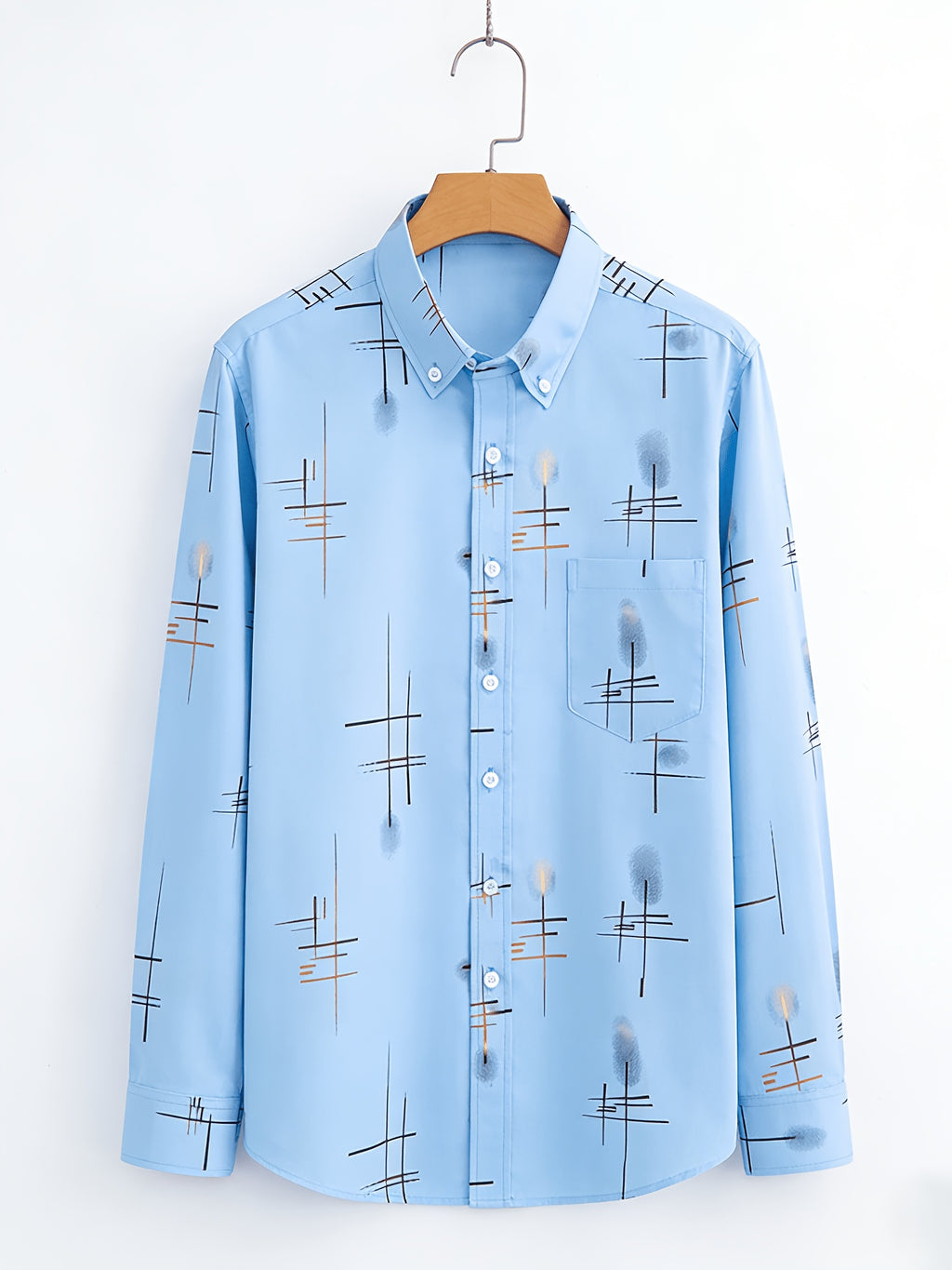 Men'S Long-Sleeve Shirt with Bronzing Print, Business Casual Wrinkle-Resistant Shirt, Light Luxury Versatile Top for Middle-Aged And Young Men - Sky Blue