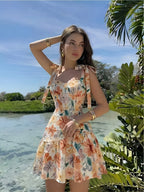French Oil Painting Gradient Floral Print Bow Detail Strap Dress, Vintage Bandeau Style Cinched Waist Ruched A-Line Short Puff Skirt Vacation Style Mori Tea Dress, Suitable for Dates, Parties, Gatherings, And Beach Vacations - Multicolor