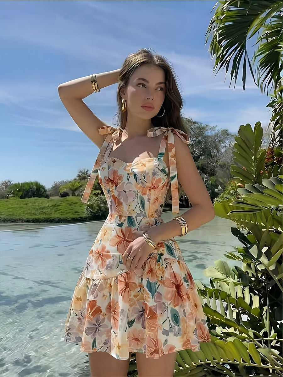 French Oil Painting Gradient Floral Print Bow Detail Strap Dress, Vintage Bandeau Style Cinched Waist Ruched A-Line Short Puff Skirt Vacation Style Mori Tea Dress, Suitable for Dates, Parties, Gatherings, And Beach Vacations - Multicolor