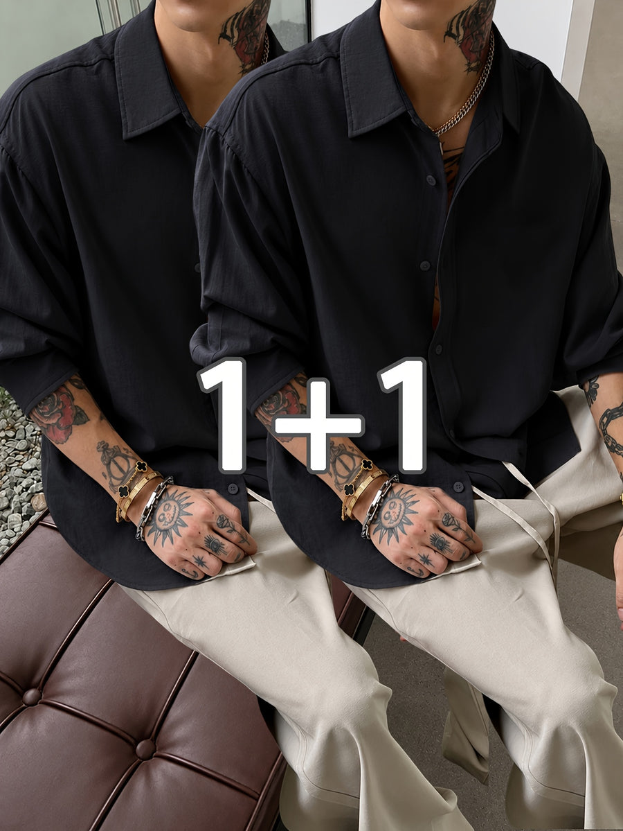 2pcs Set: Men's Casual Loose-Fitting Long-Sleeve Shirt with a Draping Effect, Black Premium Feel Versatile Top, Men's White Shirt Base Layer, Two-Shirt Set - Black+black