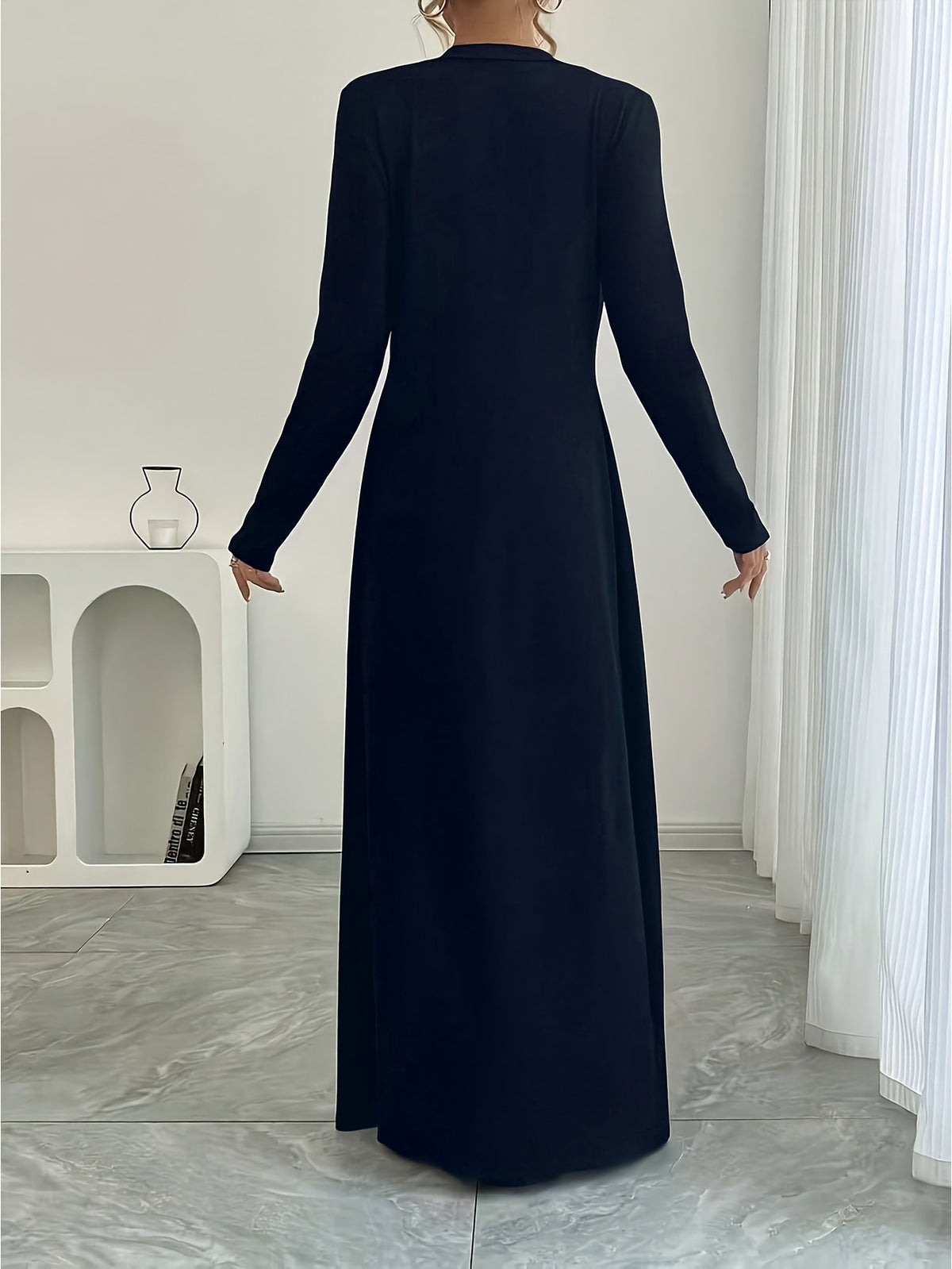 New Spring/Autumn Women's European and American Style Daily Solid Color Long Button-Up Cardigan, Long Sleeve, Slim Fit, Casual Commuter Outerwear - Navy Color