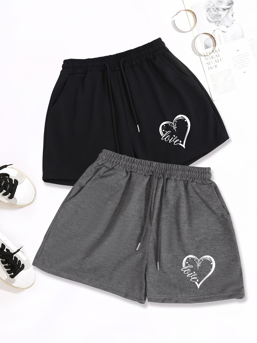 2pcs, Letter Pattern Drawstring Shorts, Casual Shorts, Women'S Clothing - Black+Dark Grey